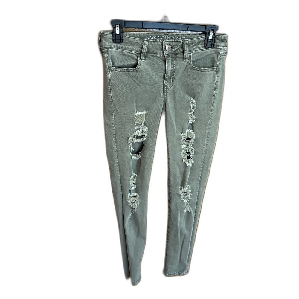 AMERICAN EAGLE JEANS 4 Green Super‎ Stretch Distressted